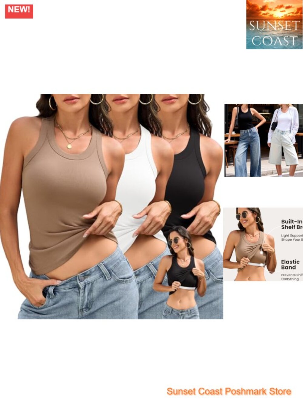 3 Pack Women's Ribbed Tank Tops with Built in Bra Racerback Scoop Neck